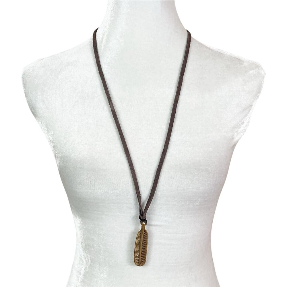 Brown Leather Long Necklace with Gold Tone Feather Pendant
